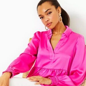 Lilly Pulitzer Bright Hot Pink Satin V-Neck Blouse